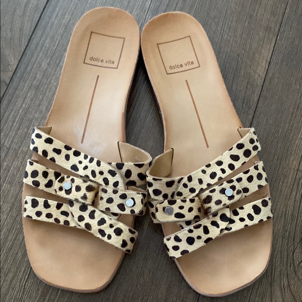 Dolce Vita Tan and Black Slide Sandals with Animal Print